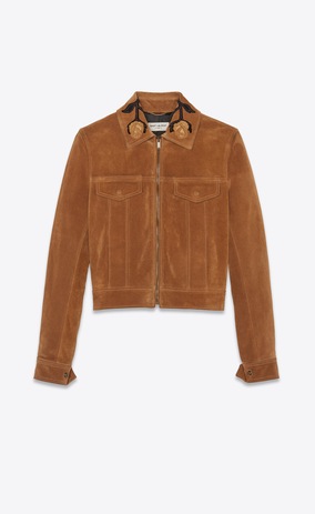 SAINT LAURENT Vestes Cuir Femme Veste à broderies roses en croute de cuir noisette a_V4